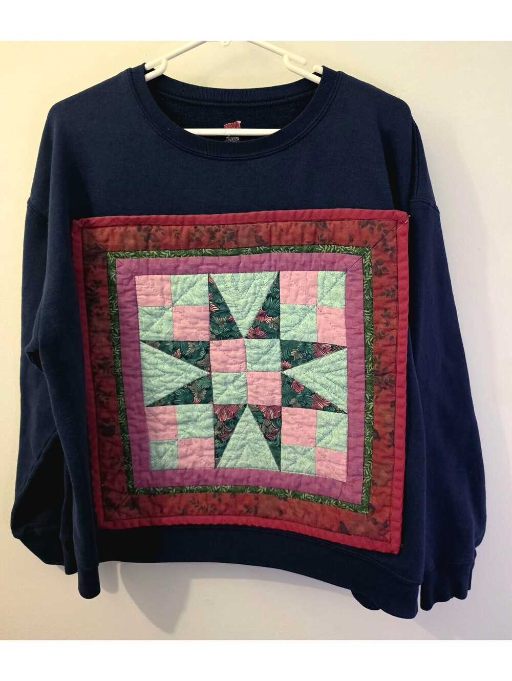 Upcycled Navy Crewneck Sweatshirt Quilt Block Patchwork Wearable Art 25x20